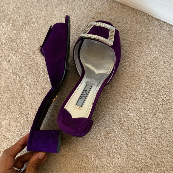 Prada Jeweled-Buckle Suede Mule Slide Sandal 36.5 - Picture 6 of 14